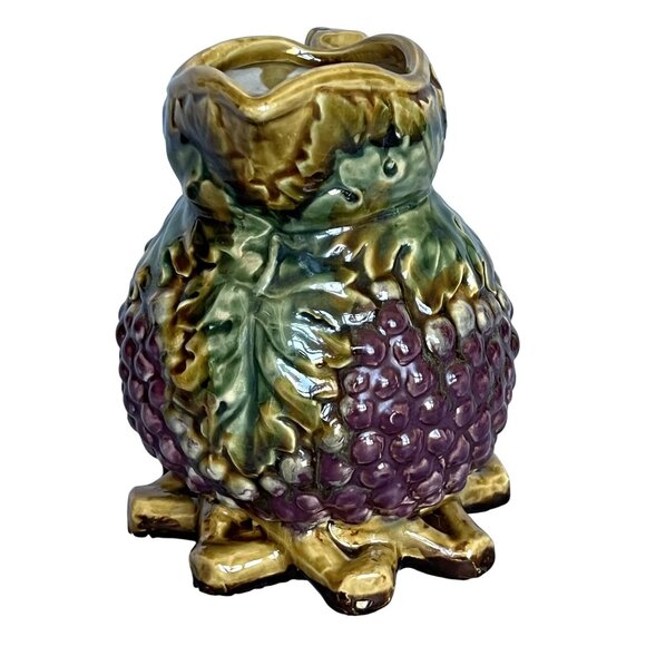 Majolica Reproduction Grapevine Pitcher 8"x8" Vase 1996 Italian Artisans Artsy - Picture 4 of 12